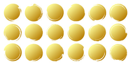 Golden grunge circles, brush strokes, lines, ink smudges, hand-drawn scribble shapes. Handmade sketchy marks, acrylic stains, charcoal streaks. Paint textures, dry brush effect. Vector illustrationのイラスト素材