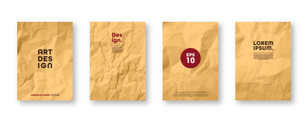 Colorful yellow crumpled recycled paper texture. Rough grunge old kraft wrapping paper background. Vintage blank packaging sheet. Vector illustrationのイラスト素材