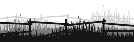 Meadow silhouettes with grass and old wooden fence. Countryside, panoramic summer lawn rural landscape with herbs, weeds. Herbal border, frame element. Black horizontal banners. Vector illustrationのイラスト素材