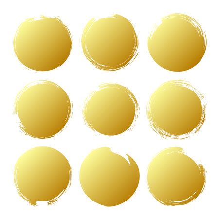 Golden grunge circles, brush strokes, lines, ink smudges, hand-drawn scribble shapes. Handmade sketchy marks, acrylic stains, charcoal streaks. Paint textures, dry brush effect. Vector illustrationのイラスト素材