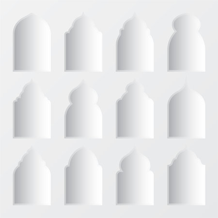Islamic frames, oriental style objects. Arabic shapes, windows and arches with shadows. Traditional ornamental frame. Muslim holidays, Ramadan Kareem. Modern eastern architecture. Vector illustrationのイラスト素材