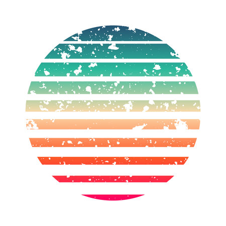Vintage colorful sunset. Striped gradient sunrise badge in 80s and 90s style. Sun and ocean view, summer vibes, surfing. Design element for print, logo or t-shirt. Vector illustrationのイラスト素材
