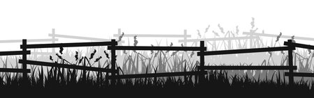 Meadow silhouettes with grass and old wooden fence. Countryside, panoramic summer lawn rural landscape with herbs, weeds. Herbal border, frame element. Black horizontal banners. Vector illustrationのイラスト素材