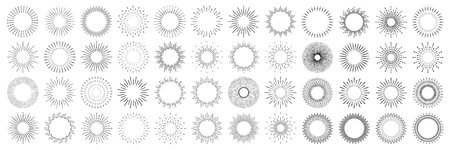 Vintage sunburst, sunset beams collection. Boho style, modern minimalist bohemian design. Hand drawn bursting sun, light rays. Logotype or lettering design element in retro style. Vector illustrationのイラスト素材