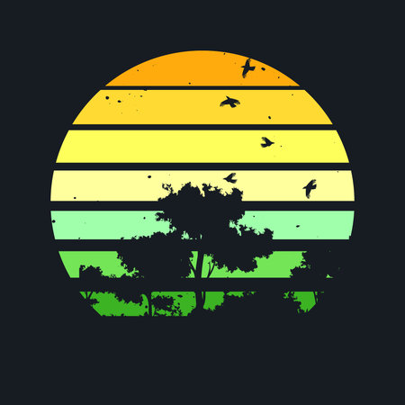 Grunge vintage sunset. Colorful striped sunrise badge in 80s and 90s style. Sun and ocean view, summer vibes, surfing. Design element for print, logo or t-shirt. Vector illustrationのイラスト素材