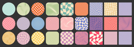 Groovy checkered pattern, colorful tiled grid. Vintage wavy curved backdrop, distortion effect. Funky geometric chessboard texture, retro background in 90s style, y2k. Vector illustrationのイラスト素材