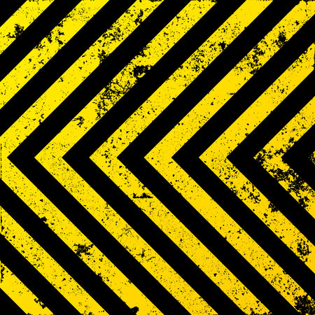 Warning sign with yellow and black diagonal lines. Attention, danger or caution symbol. Construction site signage, road safety notice, hazard banner, security alert shield. Vector illustrationのイラスト素材