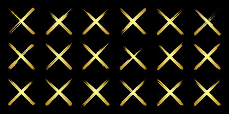 Golden grunge crosses, brush strokes, lines, ink smudges, hand-drawn scribble shapes. Handmade...