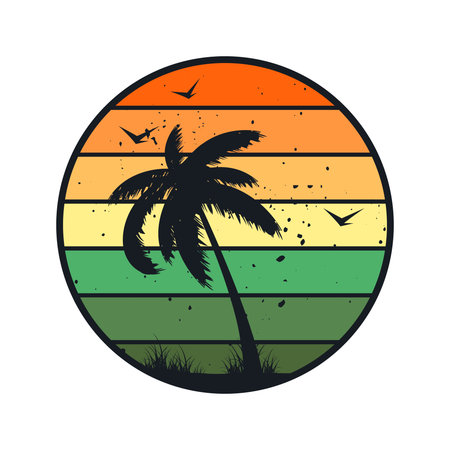 Grunge vintage sunset. Colorful striped sunrise badge in 80s and 90s style. Sun and ocean view, summer vibes, surfing. Design element for print, logo or t-shirt. Vector illustrationのイラスト素材