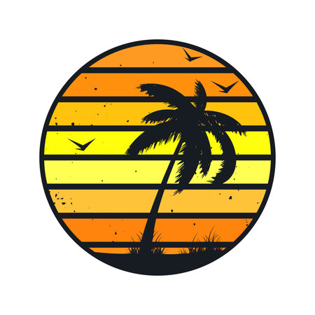 Grunge vintage sunset. Colorful striped sunrise badge in 80s and 90s style. Sun and ocean view, summer vibes, surfing. Design element for print, logo or t-shirt. Vector illustrationのイラスト素材
