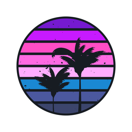 Grunge vintage sunset. Colorful striped sunrise badge in 80s and 90s style. Sun and ocean view, summer vibes, surfing. Design element for print, logo or t-shirt. Vector illustrationのイラスト素材
