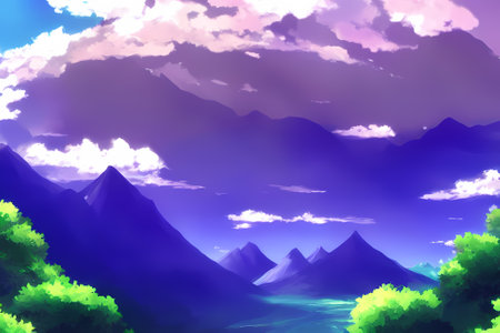 Landscape scene digital painting illustration with beautiful greenery, mountains, meadows, treesの写真素材