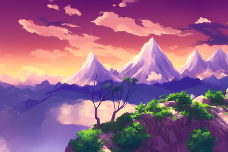 Landscape scene illustration digital painting with greenery, mountains, hills, meadows, blue skiesの写真素材