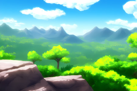 Landscape scene illustration digital painting with greenery, mountains, hills, meadows, blue skiesの写真素材
