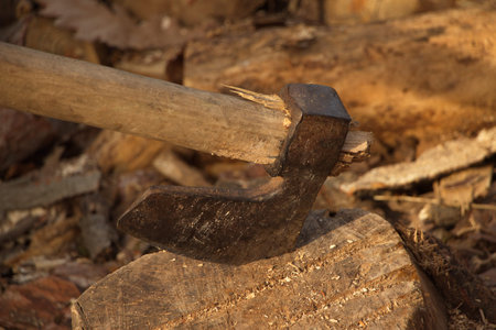 ax, hatchet, axe. split a log with an ax. birch firewood in the background. wood wallpaper