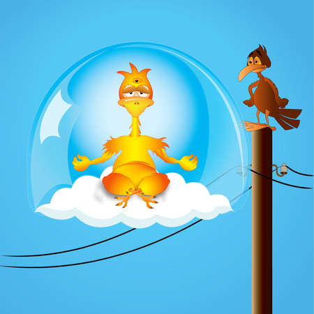 Yogi chicken in levitation above a cloud in a glass bowlのイラスト素材