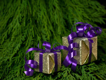 Two golden christmas boxes on green background (copy space)の写真素材