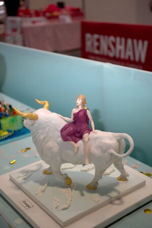 Brussels, BELGIUM - MARCH 16, 2019: Cake design and pastry fair - Cake and Sugar Brussels, 2019. 3D Cake Europe and the Bull on the cake contest, 3d place.のeditorial素材