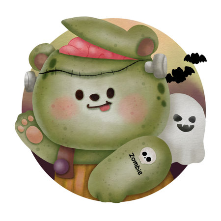 Watercolor bear Zombie,haunted by ghost, happy Halloween, trick or treat, happy and spooky, single element illustrations, for children's party decorations.の写真素材