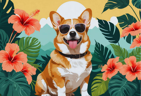 Illustration of corgi dog with sunglasses and tropical flowers on backgroundの写真素材