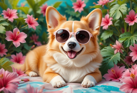 Welsh corgi dog in sunglasses lying on a flower background.の写真素材