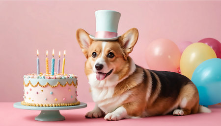 Cute welsh corgi dog with birthday cake and balloons on pink backgroundの写真素材