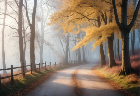 Foggy road through the autumn forest in foggy morning.の写真素材