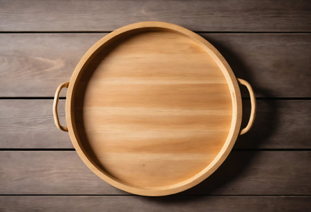 Empty wooden tray on grey wooden background. Top view with copy spaceの写真素材