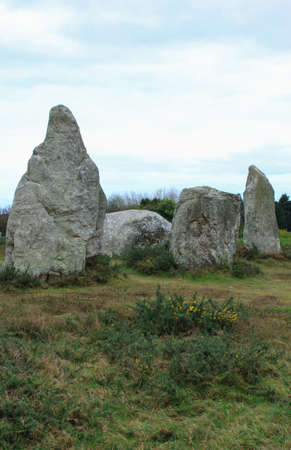 Neolithic standing stones in the Breton moor on an overcast day.の写真素材