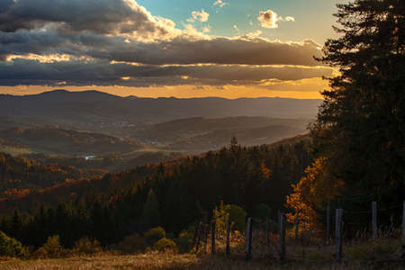 an autumnal mountain landscape. an autumn sunset over the mountain. The atmosphere is calm, serene, the forest is orange, the firs are green, the sky is yellow orange pink.の写真素材