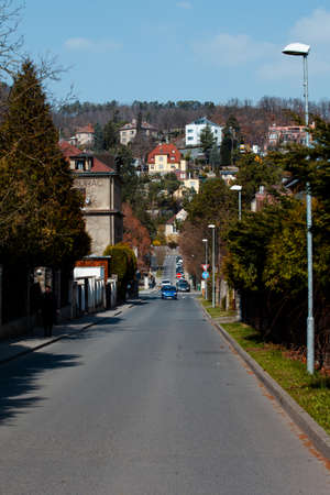View of a street in a residential area, with many houses from the gardens of the trees. The road is straight and goes down and then up towards a house with a red roof. The weather is nice, the sky is blue.の写真素材