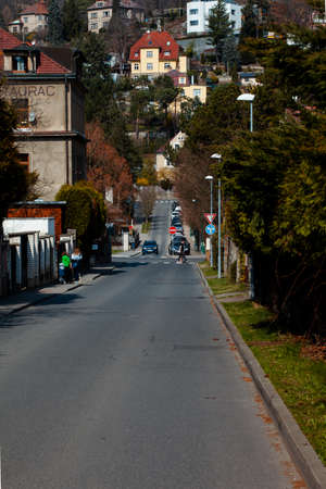 View of a street in a residential area, with many houses from the gardens of the trees. The road is straight and goes down and then up towards a house with a red roof.の写真素材