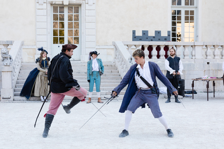 Sassenage castle, Isere, France - September 15 2018 : European Heritage Day, Lames du Dauphine fencing club reenacting fights.のeditorial素材