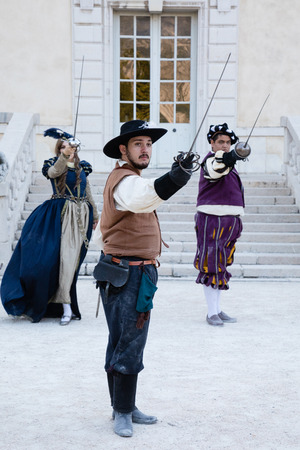 Sassenage castle, Isere, France - September 15 2018 : European Heritage Day, Lames du Dauphine fencing club reenacting fights.のeditorial素材