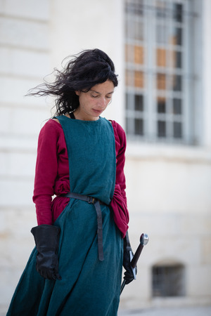 Sassenage castle, Isere, France - September 15 2018 : European Heritage Day, Lames du Dauphine fencing club reenacting fights.のeditorial素材