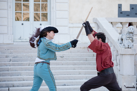 Sassenage castle, Isere, France - September 15 2018 : European Heritage Day, Lames du Dauphine fencing club reenacting fights.のeditorial素材