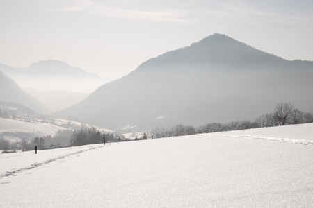 Snowy backlit mountain landscape in the french alps.の写真素材