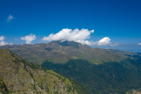 Wide view of rolling green hills and forested slopes beneath a bright blue sky, with a single white...