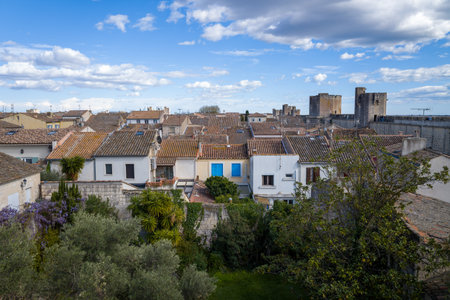 Cluster of traditional village houses with terracotta roofs and lush gardens, set against the backdrop of historic stone ramparts under a vivid blue sky with scattered clouds in Aigues-Mortes.の写真素材