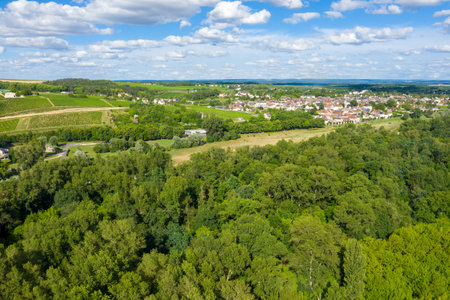 Aerial landscape of Pouilly sur Loire showing dense green forest, patchwork vineyards, and the village with red-tiled rooftops under a sky dotted with clouds. The vibrant summer scene highlights the regions natural beauty and rural charm.の写真素材