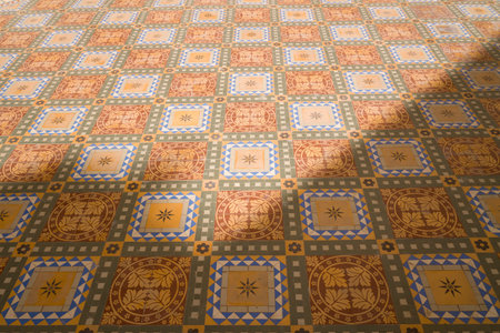 Vibrant patterned tiles form an intricate geometric floor design in the grand courtyard of Junagarh...