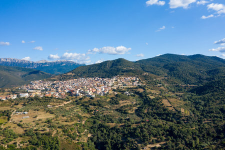 Bright aerial view of Orgosolo village nestled among green wooded hills and open fields, with distant rugged mountains under a clear blue sky in Sardinia.の写真素材