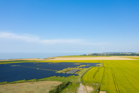 Large solar panel installation set among vibrant yellow farmland near the sea, under a wide clear...