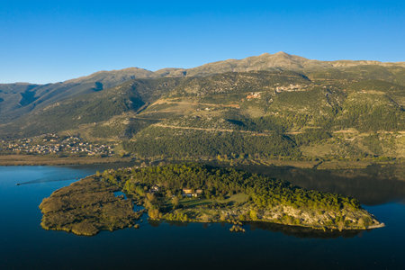 Wide aerial composition featuring the lush, tree-covered island of Ioannina set in calm blue lake waters, with the dramatic slopes of the Pindus mountains rising in the background. The scene is bathed in clear daylight, highlighting natural textures and the tranquil landscape of Epirus, Greece.の写真素材