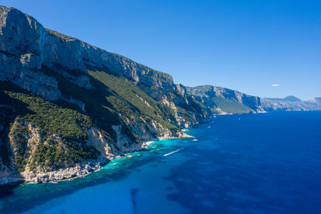 Towering limestone cliffs covered with dense green vegetation rise sharply above the deep azure waters of the Mediterranean near Cala Goloritze, Baunei, Sardinia. Bright sunlight and clear skies create a striking contrast between land and sea.の写真素材