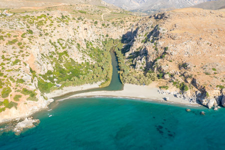 High-angle view of the Preveli river winding through lush greenery and steep rocky cliffs before meeting a sandy beach and the clear turquoise sea in Crete. The sunlit terrain highlights the contrast between arid hills, dense vegetation, and vibrant water.の写真素材