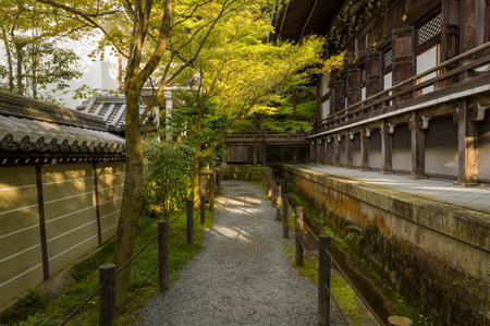 Kyoto, Japan - October 16, 2023: A gravel path runs between a traditional tiled wall and a wooden...