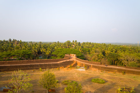 Bekal, India - March 14, 2023: An elevated view shows the laterite stone fortification walls of...