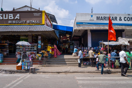 Munnar, India - March 11, 2023: A view of a market area in central Munnar shows the Suba Biscuit...