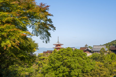 Kyoto, Japan - October 16, 2023: The Kiyomizu-dera temple complex, including the Sanjunoto three...